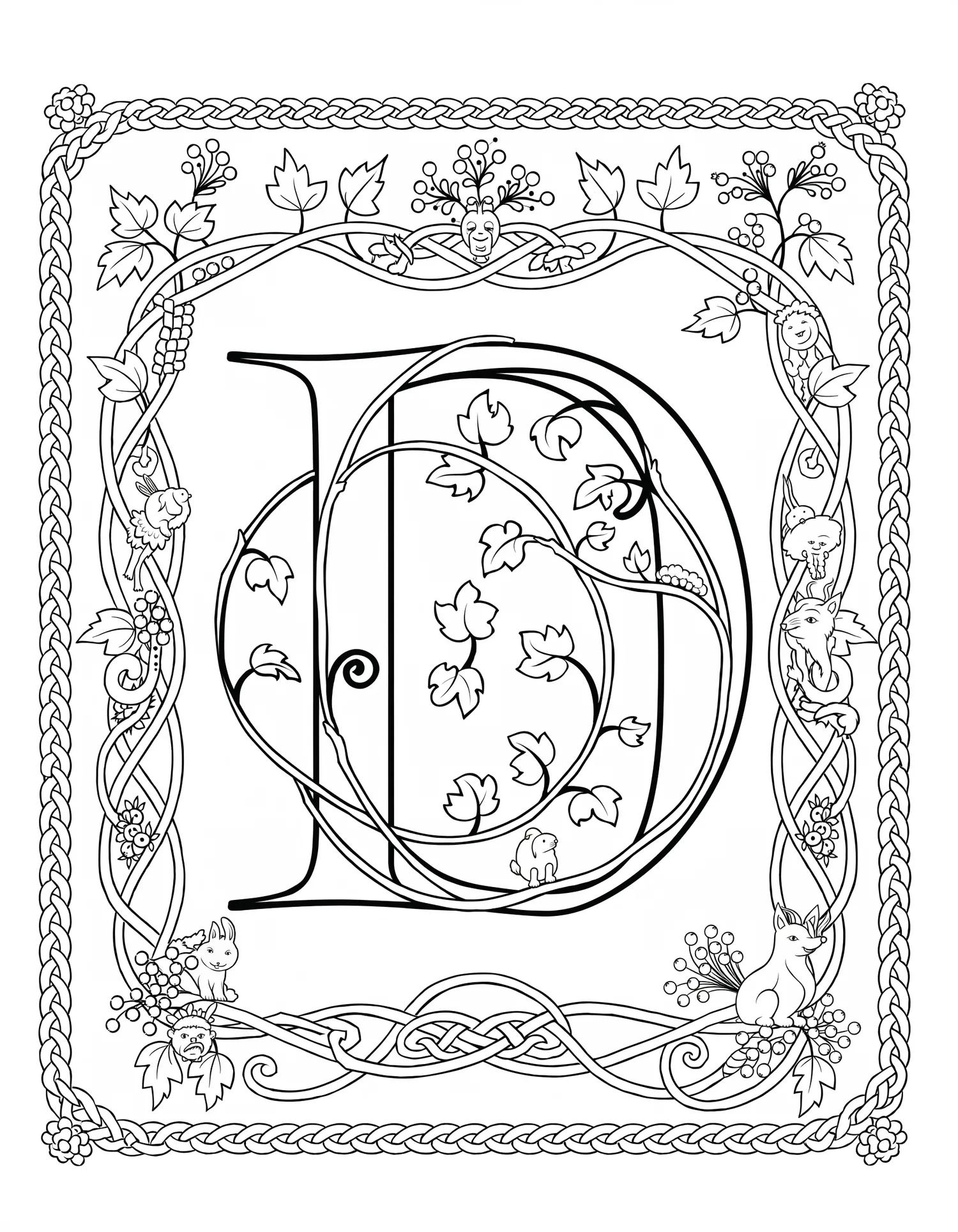 Manuscrit Enluminé Lettrine — Coloriage vintage à imprimer gratuitement